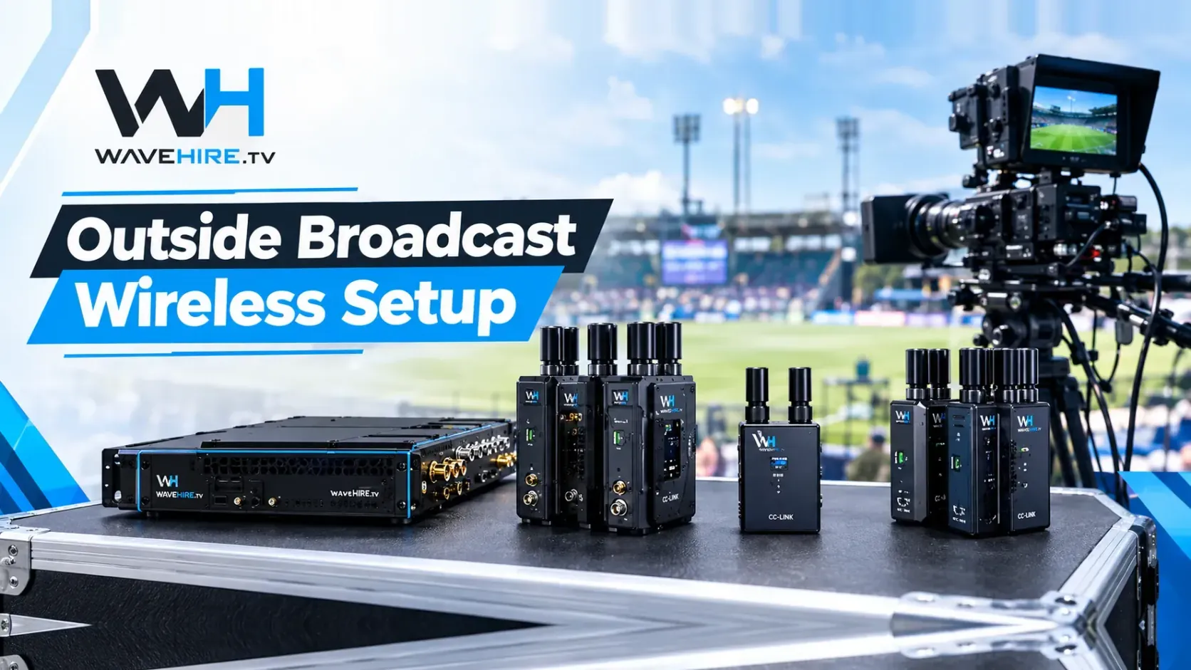 RF engineer setting up wireless broadcast antenna systems at an outdoor stadium location ahead of an outside broadcast production