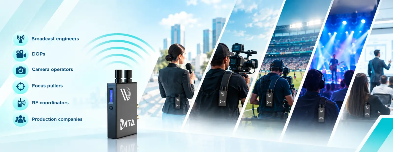 WaveHire equipment is used by broadcast engineers, DOPs, camera operators, focus pullers, RF coordinators, and production companies